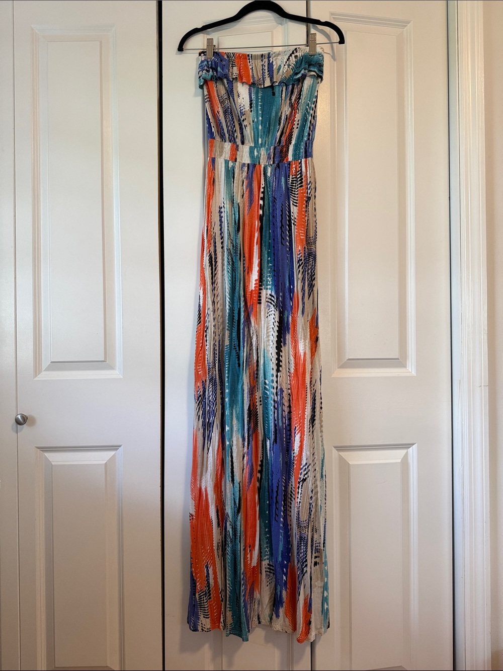 Guess Strapless Maxi Dress in Teal, Orange, Blue & White